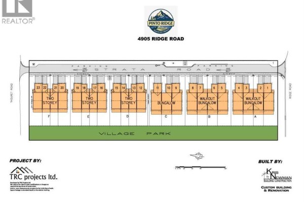 Site plan showing 23 townhouse units, bungalows, and village park. - 4906 Thouret Road, Out Of Province_alberta