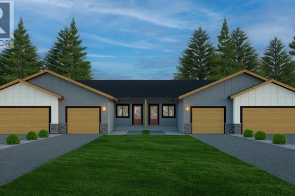 Rendering of two semi-detached townhouse units with double garages and wood siding. - 4906 Thouret Road, Out Of Province_alberta
