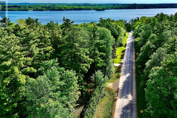 View from above of a paved road winding through a forest towards a large blue lake. - 491 Jessup Road, North Algona Wilberforce