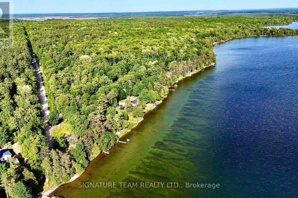 Aerial drone shot showing the property nestled among trees on the edge of a clear blue lake. - 491 Jessup Road, North Algona Wilberforce