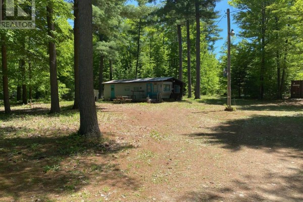Front view of a light blue mobile home surrounded by tall trees and grassy areas. - 491 Jessup Road, North Algona Wilberforce