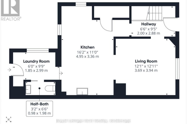 Floor plan of a house showing living room, kitchen, hallway, laundry, and half-bath. - 494 16th Street W, Owen Sound