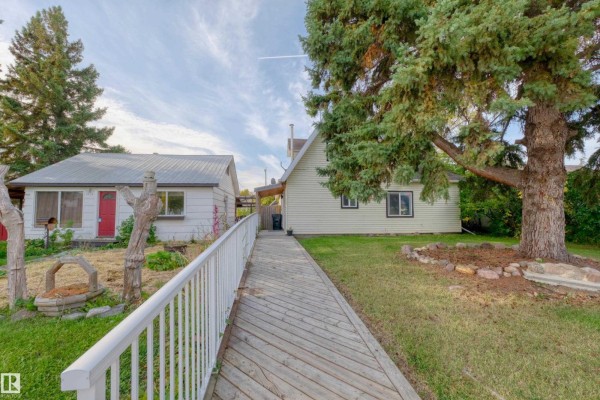 Wooden boardwalk leading to a light yellow house with white trim and a large evergreen tree in the yard. - 4947 49 Avenue, Barrhead