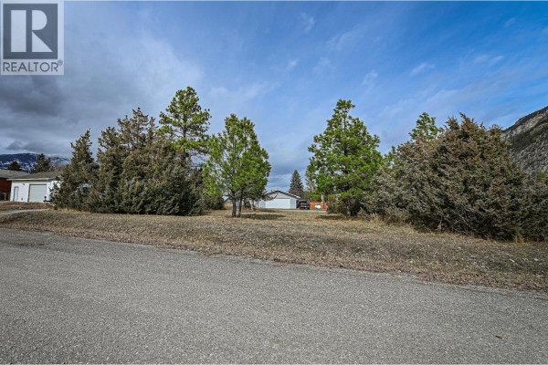 View of the lot from the street, featuring trees and distant buildings. - 4963 Spruce Avenue, Canal Flats