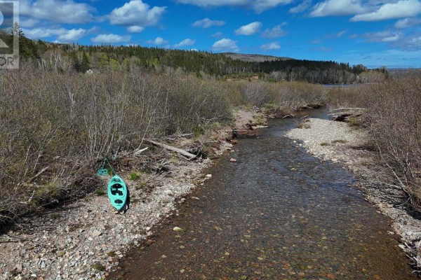 A small, turquoise kayak rests on the rocky shore of a clear, shallow creek with trees on both sides. - 49740 Cabot Trail, Goose Cove