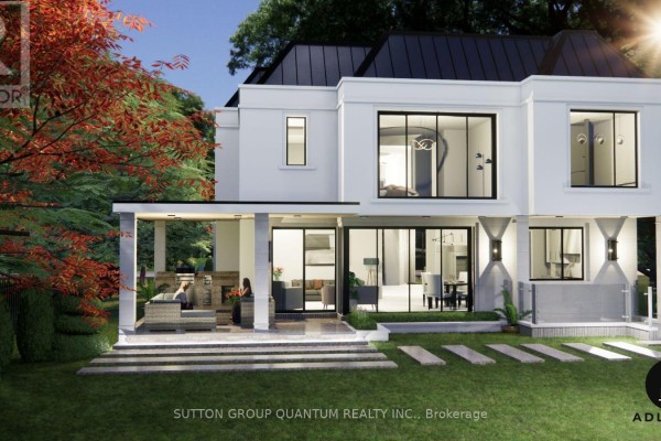 Modern home with large windows, covered patio, and outdoor fireplace - 499 Valley Drive N Oakville