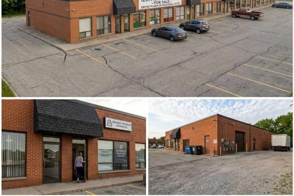 Aerial view of a commercial plaza with parking lot, and inset photos of building entrances and a warehouse. - 5,6 - 1201 Franklin Boulevard, Cambridge