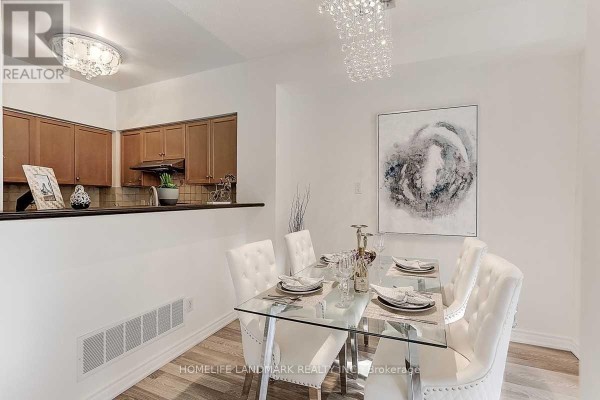 Dining area with a glass table, white tufted chairs, a crystal chandelier, and an abstract painting on the wall. - 5 - 21 St Moritz Way, Markham