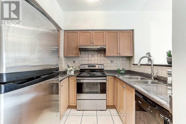 U-shaped kitchen with light wood cabinets, stainless steel appliances, a tiled backsplash, and a double sink. - 5 - 21 St Moritz Way, Markham