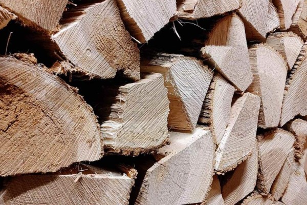 Close-up of stacked, rough-cut firewood showing grain and texture. - 5-8 - 9688 Leslie Street, Richmond Hill