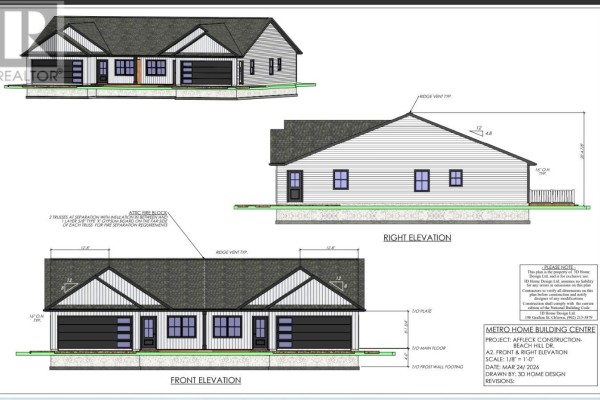 Architectural drawings showing front, right, and rooftop elevations of a duplex building. - 5 Beech Hill Avenue, Charlottetown