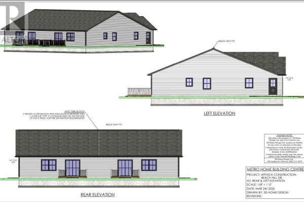 Architectural drawings showing rear, left, and rooftop elevations of a duplex building. - 5 Beech Hill Avenue, Charlottetown