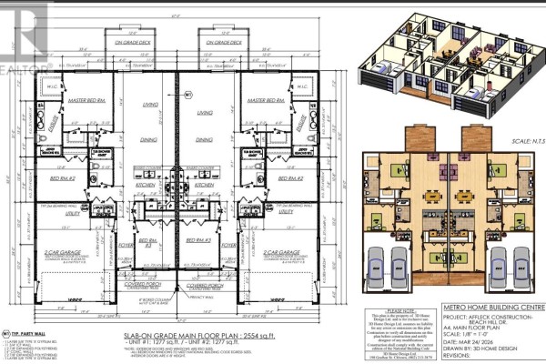 Floor plan and 3D rendering of a duplex with two units, each featuring two bedrooms and two bathrooms. - 5 Beech Hill Avenue, Charlottetown
