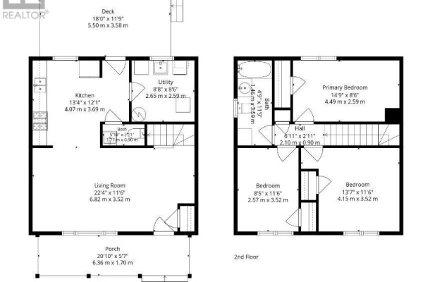 Floor plan showing the main floor with living room, kitchen, and porch, and the second floor with three bedrooms and bath. - 5 Diverbelt Drive, Prince Edward County