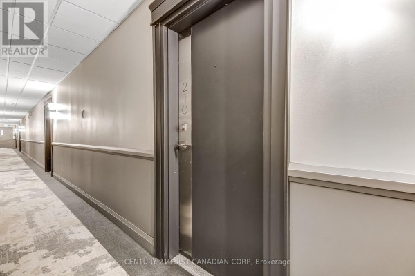 Interior apartment hallway with grey walls, recessed lighting, and door 210. - 5 Jacksway Crescent, London North