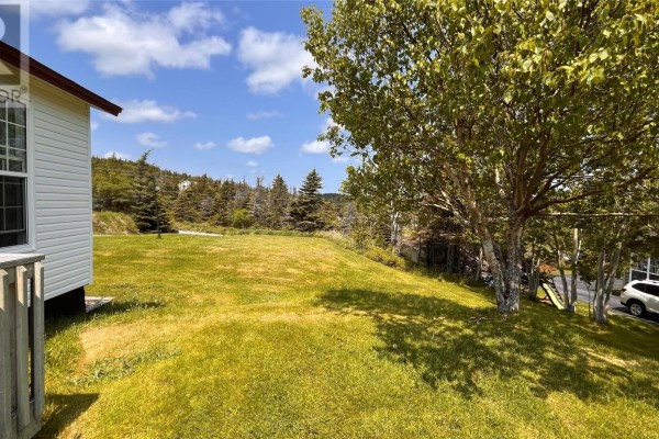 Rear yard with green grass, mature trees, and a view of surrounding evergreen forest and distant houses. - 5 Luby's Lane, Tors Cove