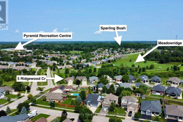 Aerial view of St. Marys neighborhood, highlighting 5 Ridgewood Crescent and nearby landmarks. - 5 Ridgewood Crescent, St  Marys