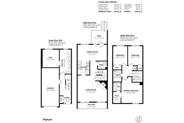 Floor plan of a three-level townhouse showing the lower, main, and upper floors. - 50 27272 32 Avenue, Langley