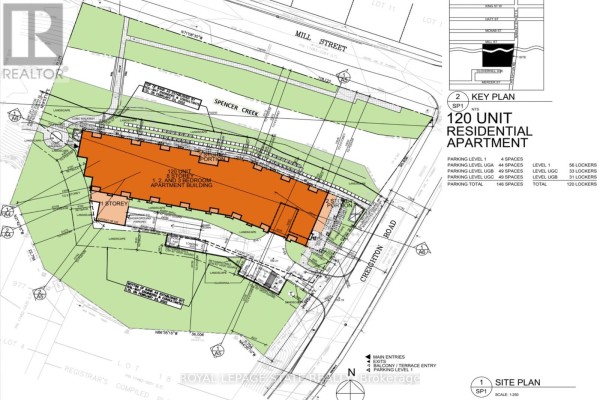 Site plan for a 120-unit residential apartment building with parking and landscape areas. - 50 Creighton Road, Hamilton