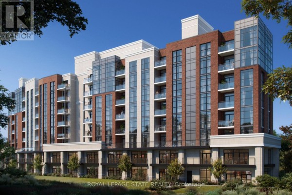 Close-up rendering of a modern apartment building showing brick and glass exterior details. - 50 Creighton Road, Hamilton