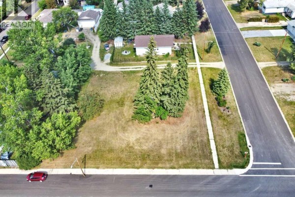 Overhead view of a vacant lot with mature trees and a small white shed. - 5002, 5008, 5010 50 Avenue, Benalto