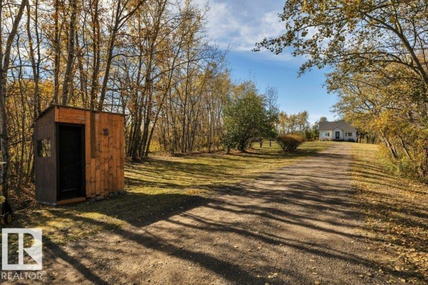 Gravel driveway leading to a white house, bordered by trees with autumn foliage. - 50040 Rge Rd 230, Rural Leduc County