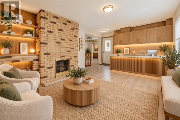 Living room featuring a brick fireplace, wood shelving, reception desk, and seating. - 5008 47 Street, Lloydminster