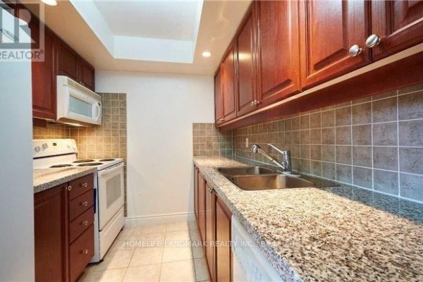 Compact kitchen with granite countertops, wood cabinets, and white appliances. - 501 - 10 Northtown Way, Toronto