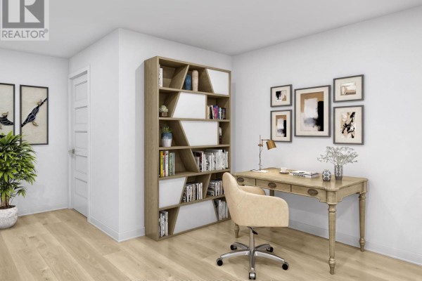 Home office with a desk, swivel chair, and a large, modern geometric bookshelf. - 501-515 Stompin' Tom Private, Ottawa