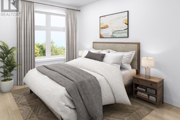 Bedroom with a queen-size bed, nightstand, and large window with light-colored curtains. - 501-515 Stompin' Tom Private, Ottawa