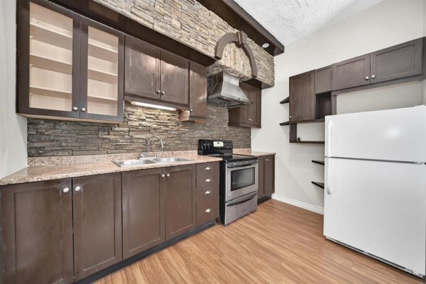Kitchen with dark brown cabinets, stone backsplash, stainless steel appliances, and wood floors. - 501 Larsen Avenue, Winnipeg