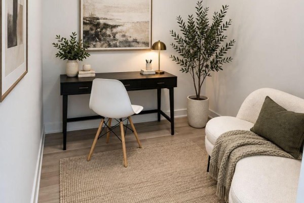 Compact home office setup with black desk, white chair, and textured rug. - 503 - 28 Eastern Avenue, Toronto