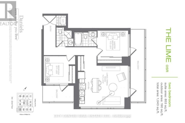 Floor plan for a two-bedroom apartment named 'The Lime 05R' with balconies and an island. - 505 - 365 Prince Of Wales Drive, Mississauga