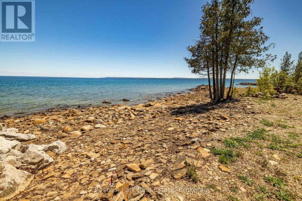 Gravel driveway leads through a grassy lot towards trees and Georgian Bay with buildings on the right. - 505107 Grey Road 1, Georgian Bluffs