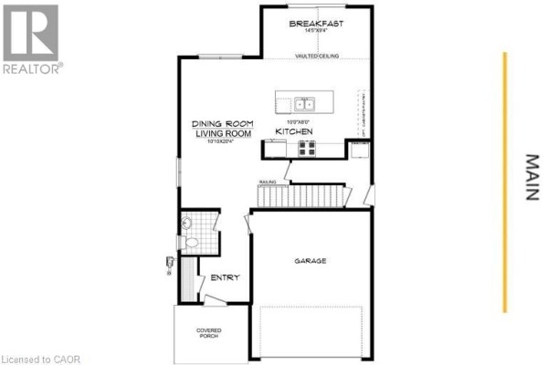 Main floor plan showing living, dining, kitchen, breakfast area, entry, and garage. - 506 Benninger Drive, Kitchener