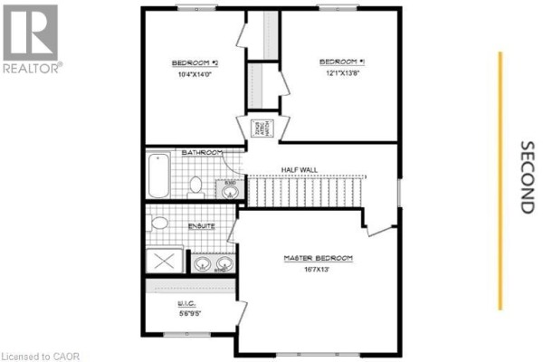 Second floor plan showing three bedrooms, including a master with ensuite, and a main bathroom. - 506 Benninger Drive, Kitchener