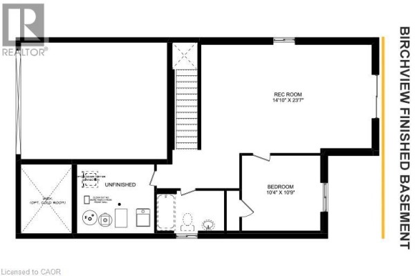 Basement floor plan showing a rec room, bedroom, unfinished area with laundry, and a bathroom. - 506 Benninger Drive, Kitchener