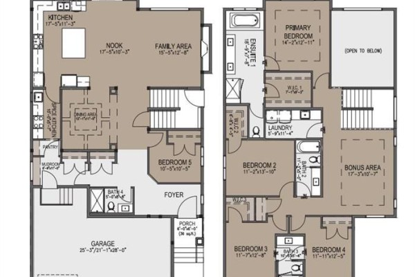 Two-story floor plan showing main floor with kitchen, dining, and family area, and upper floor with bedrooms and bonus area. - 507 Waterford Rise, Chestermere