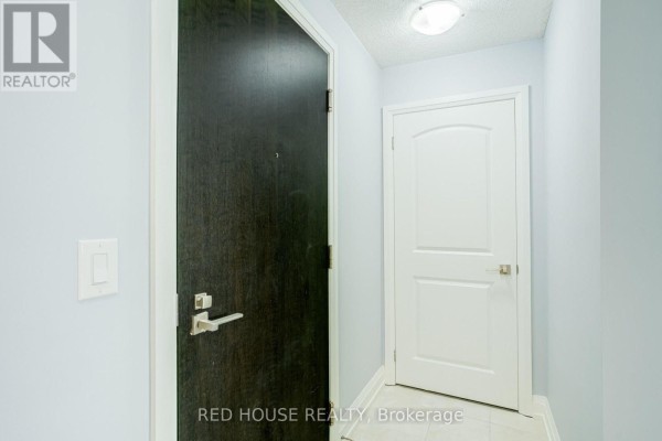 Interior hallway with light blue walls, a dark wood door, and a white interior door. - 508 - 1070 Sheppard Avenue W, Toronto