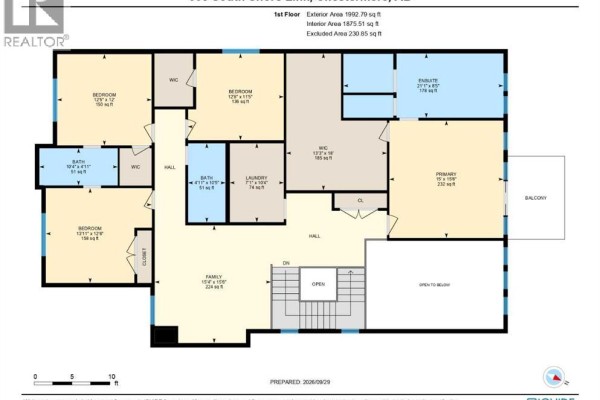 First floor plan of a house showing primary bedroom, balcony, primary bath, three bedrooms, family room, and laundry. - 508 South Shore Link, Chestermere