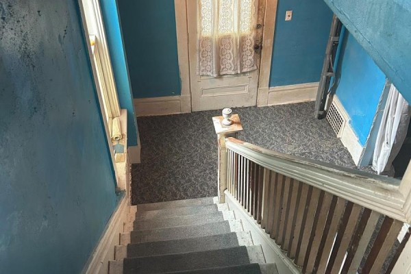 View from top of stairs looking down into a blue room with patterned carpet. - 51 Albert Street, Carleton Place