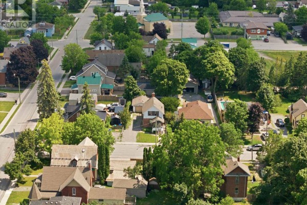 High aerial view of the Kawartha Lakes neighborhood with church spire visible. - 51 Melbourne Street W, Kawartha Lakes
