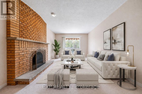 Living room with brick fireplace, tufted sofa, and armchairs - 51 Sanderson Crescent Richmond Hill