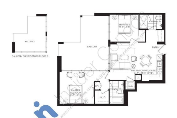 Floor plan of a two-bedroom, two-bathroom apartment with a balcony and open-concept living area. - 510 - 4010 Eglinton Avenue W, Toronto