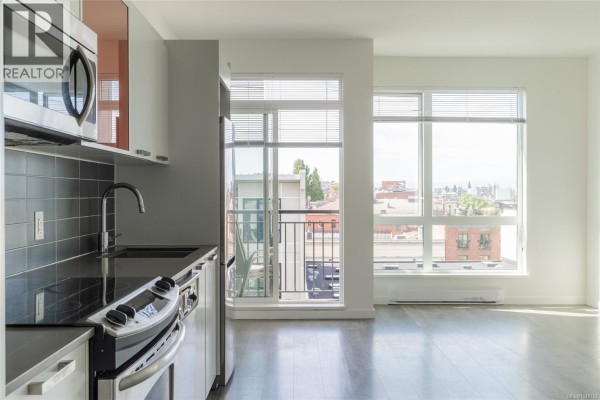 Close-up of the kitchen counter with stainless steel stove and sink, overlooking city views from the window. - 510 517 Fisgard St, Victoria