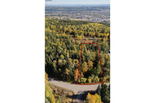 Aerial view of a treed lot with red boundaries, showing surrounding houses and Prince George cityscape. - 5102 Cranbrook Hill Road, Prince George