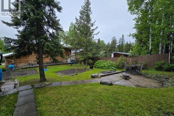 Backyard with a patio area, grass, trees, and a wooden fence. - 5106 Center Avenue, Robb