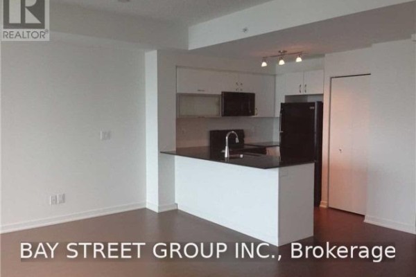 Open concept kitchen with white cabinetry, black countertops, and stainless steel appliances. - 511 - 150 East Liberty Street, Toronto