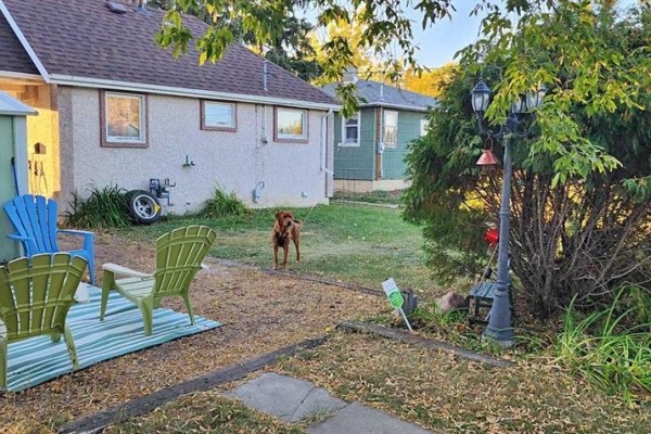 Backyard with green and blue lawn chairs on a striped rug, a dog, and a lamppost. - 5111 53 Street, Mannville
