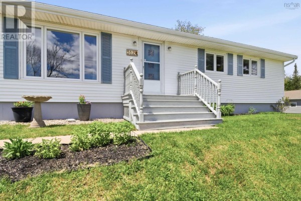 Close-up of the entrance to a white ranch house with gray steps and blue shutters. - 512 Windsor Junction Road, Windsor Junction